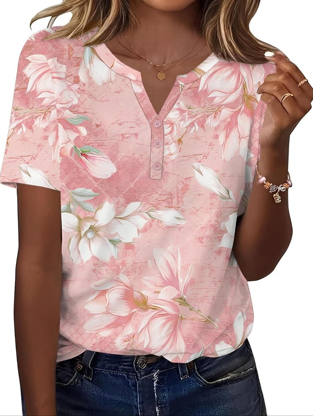 Floral Pink V-Neck Button Women's Top
